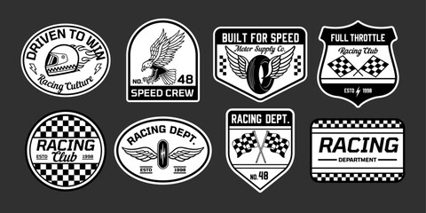 Racing badges vector set with motorsport logos, speed crew emblems, checkered flags, helmets, wings, and retro typography. Perfect for apparel, stickers, branding, and prints.