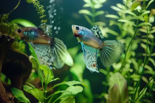 Colorful guppy fish in planted freshwater aquarium