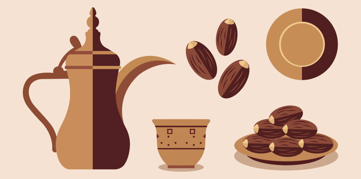 Coffee set beans cup pot cookies vector illustration