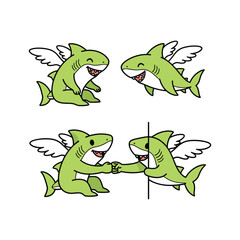 Naklejka premium Cartoon sharks with wings shaking hands in friendship and harmony