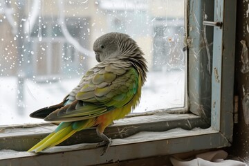 Colorful parrot on windowsill with falling snow outside