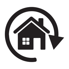 Clean black silhouette icon of a house inside a circular arrow representing home renovation, property rotation, real estate cycles, and house flipping.