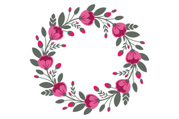A beautiful floral wreath illustration with pink flowers and green leaves