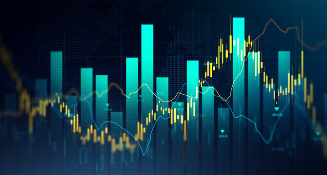 Financial data charts with glowing stock market graphs.Business financial chart with moving up arrow graph.Stock market investment data and analysis finance graph.	
