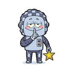 Obraz premium Cute cartoon robot with finger to lips holding a star in a quiet gesture