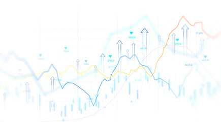 Fototapeta premium Transparent stock market chart with candlestick bars and rising trend line. Digital finance background showing trading, investment growth, profit analysis and economic data. 