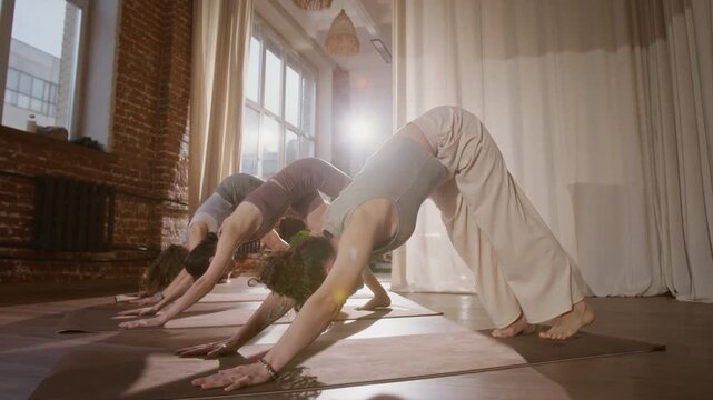 Full shot with lens flare of three female ashtanga yoga devotees performing downward dog asana with alternating raised leg in sunny loft studio, while practicing together with mindful awareness
