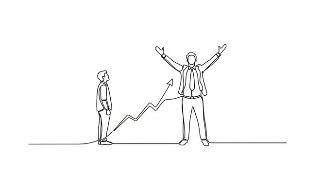Business growth concept, career success, small man looking at big man with arms raised, arrow graph