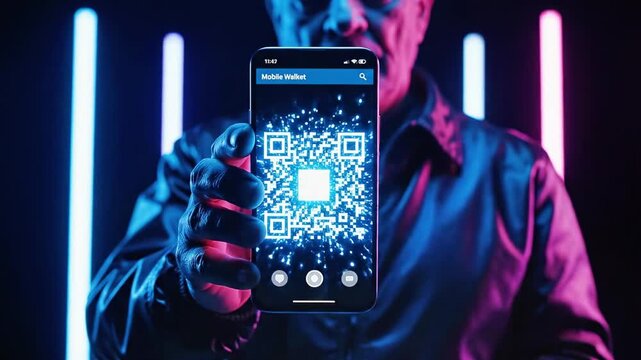 A person holds up a smartphone displaying a QR code