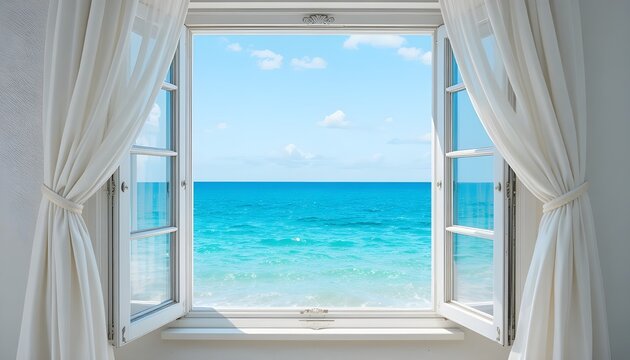 &ldquo;Open French window with billowing white curtains and sea view &mdash; bright blue water, dreamy summer vibe.&rdquo;