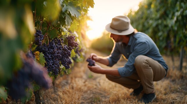 Winemaker harvesting grapes in vineyard at golden hour