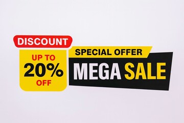 Fototapeta premium A promotional graphic announcing a mega sale with discounts up to twenty percent off.