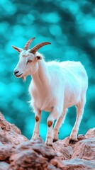 Obraz premium White mountain goat with horns standing on rocky terrain against vibrant blue bokeh