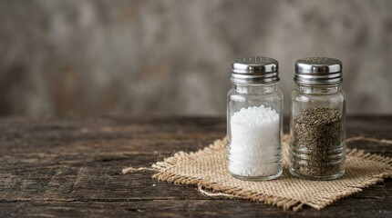 Salt and pepper in glass shakers on a rustic wooden table with burlap cloth and a textured gray background