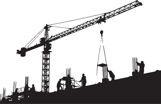 Black silhouette construction site with crane and workers