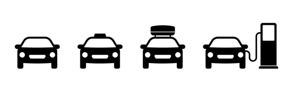 Simple black car silhouette vector set. Isolated car icons with travel rack roofbox, taxi cab, pump charging station on white background. Auto driving minimalist cars signs. Vector illustration.