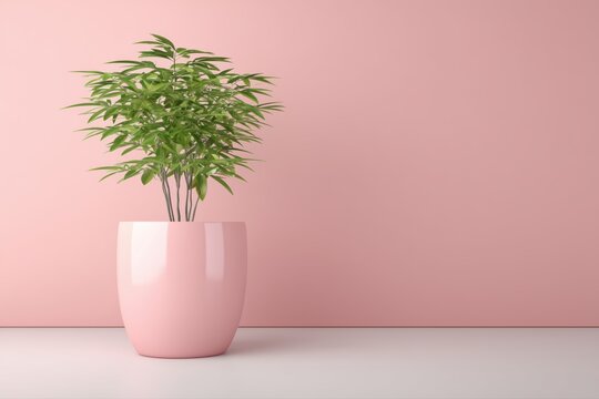 Minimalist pink interior with potted polyscias green houseplant