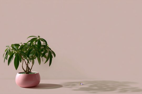 Minimalist potted polyscias houseplant with copy space on pastel wall