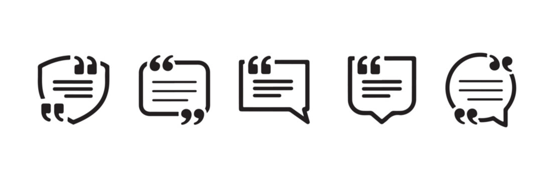 Five quote mark speech balloon graphics collection with varied borders and text blocks
