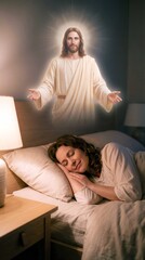 Fototapeta premium Faith and protection concept with sleeping woman and radiant Jesus light