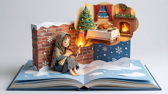 Pop-up storybook of "The Little Match Girl" fairy tale, featuring a girl with a match and her warm Christmas vision in paper cut style