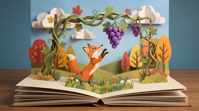 Pop-up storybook illustrating Aesop's fable The Fox and the Grapes, paper cut craft style on open book