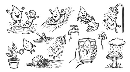 Fototapeta premium Happy Water Droplets Playing with Child, Plants, Animals, and Home Items, representing Water Life, Conservation, and Purity. Hand Drawn Sketch Black White Vector Set.