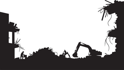 Obraz premium Black silhouette construction site with excavator and workers