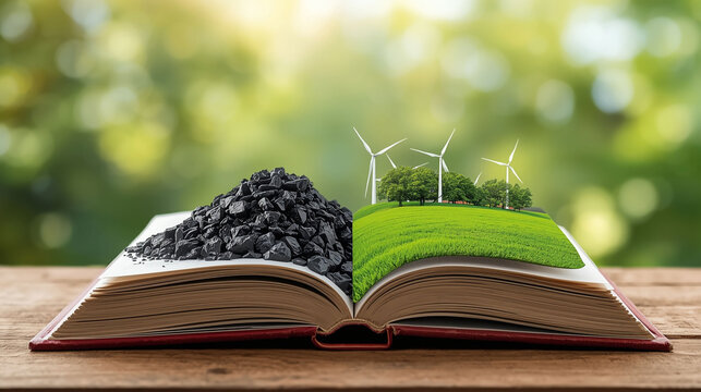 Open book showing coal energy and green renewable energy landscape comparison concept