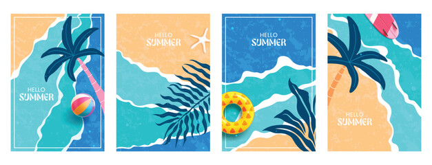 Hello summer greeting clipart poster set. Summer text with tropical elements clip art collection in colorful beach abstract background for poster template vector illustration. © Grafiqwrk 2.0