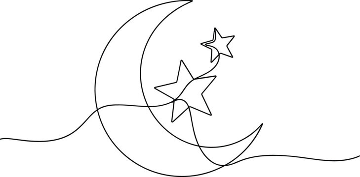 Continuous line drawing of a crescent moon and stars for nighttime sleep and celestial dream concepts