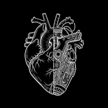 Intricate illustration of a human anatomical heart integrated with mechanical engineering, symbolizing the powerful fusion of biology and advanced bionic technology