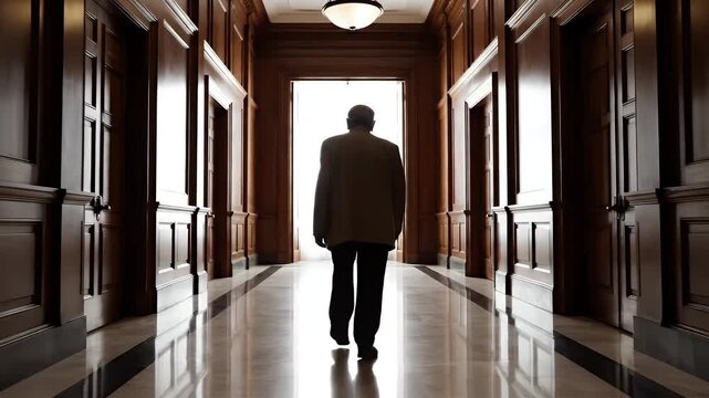 Silhouetted Person Walks Down Ornate Courthouse Hallway Towards Bright Light Leaving Trash Behind Symbolizing Departure or Justice Pursuit