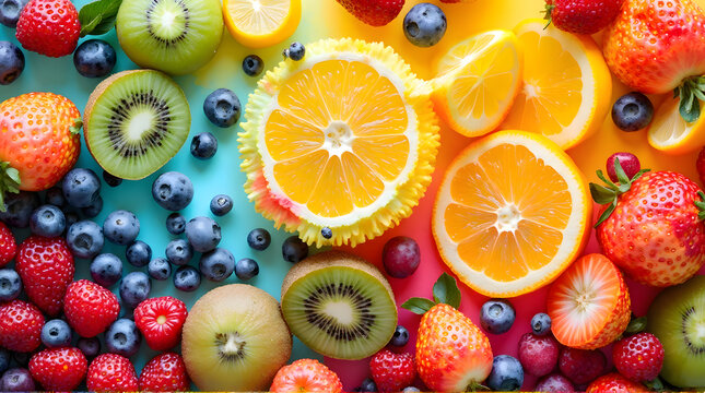 Vibrant Fruit Flat Lay Featuring Sliced Oranges, Strawberries, Blueberries, and Kiw