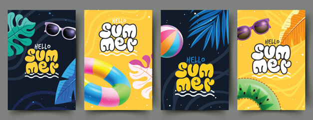 Summer hello poster vector set design. Hello summer text greeting with sunglasses, inflatable rings, beach ball, and tropical leaves elements. Vector illustration summer greeting.   © Grafiqwrk 2.0