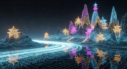 Futuristic Cityscape with Neon-Lit Buildings and Winding Road