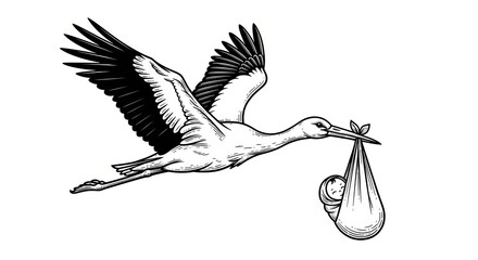 Fototapeta premium Stork crane carry baby color sketch engraving vector illustration. Scratch board style imitation. 