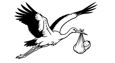 Fototapeta premium Stork crane carry baby color sketch engraving vector illustration. Scratch board style imitation. 