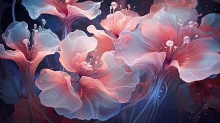 Fototapeta premium Ethereal Glowing Pink and Blue Fantasy Flowers in Dreamlike Garden