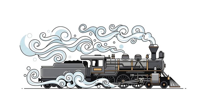 Vintage steam locomotive chugging along tracks with swirling smoke