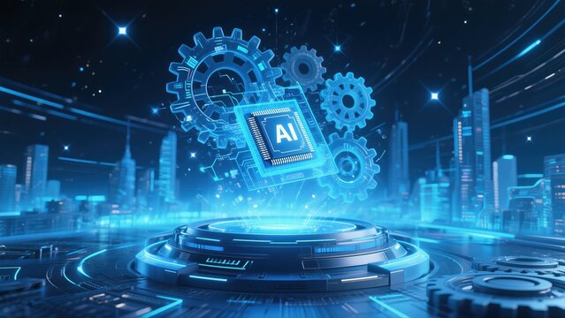 Futuristic AI chip with glowing gears floating above a high-tech platform in a digital cityscape