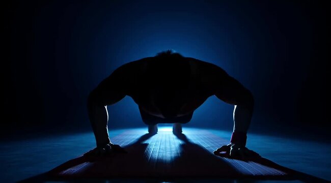 Muscular man performing push-ups in dramatic, dark lighting with strong shadows.