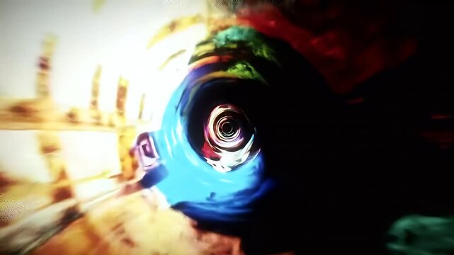 A close-up shot of a peacock's eye reveals vibrant blue feathers with blurred cityscape and sunlight in the background creating dynamic abstract patterns.
