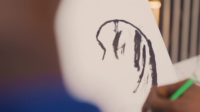 Energetic strokes create textured ambiance. Bold lines and vibrant colors define expressive artwork. Dynamic black lines and bold green strokes convey intense emotion on textured canvas