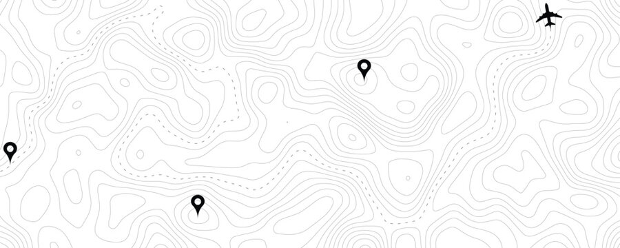 Topographic map with pins and airplane icon, travel concept
