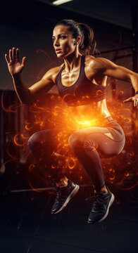 Fit woman executes an explosive plyometric jump with glowing energy effects around her core in a dark gym setting.