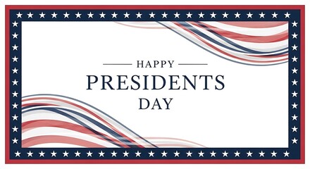 Obraz premium Happy Presidents Day greeting card design featuring flowing red, white, and blue abstract waves within a border.