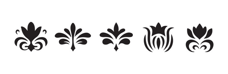 Set of black floral fleur de lis ornaments and decorative flower icons for vintage design © MST