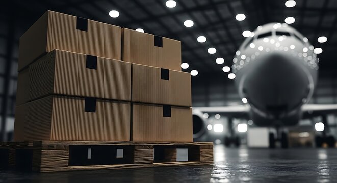 Stack of cardboard boxes on a wooden pallet ready for air freight. Cargo logistics and global delivery transportation concept for industry.