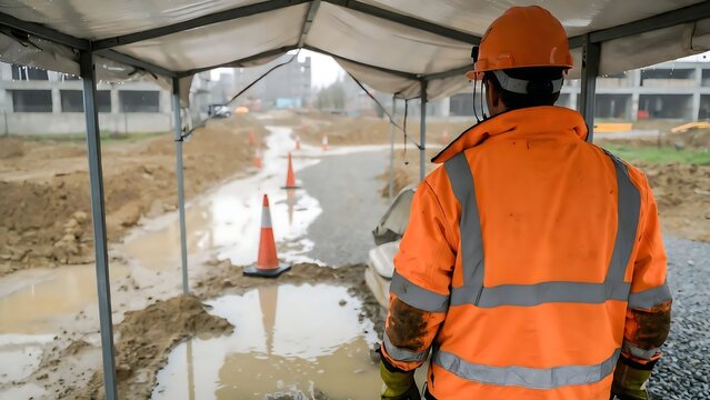 High visibility worker in orange jacket at muddy construction site